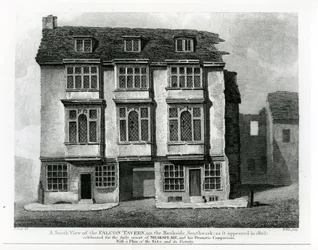 Eteläinen näkymä Falcon Tavernista, Banksidessa, Southwarkissa, kaivertanut William Wise, 1811